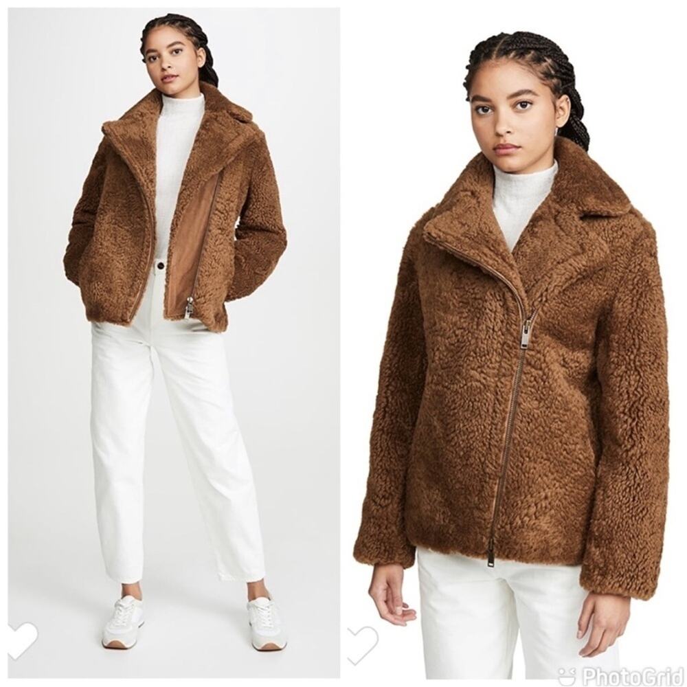 Vince Real Shearling Moto Motorcycle Bomber Coat Sheepskin Jacket in Canyon